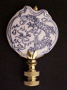 Lamp Finial: Blue and White Dragon on Disk 3 inch tall overall