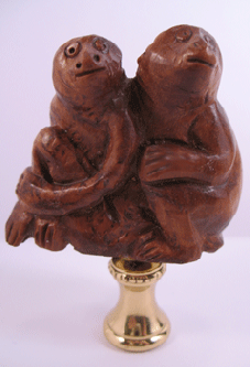 Lamp Finial: Carved Brown Wooden Asian Monkeys 2 3/4" overall