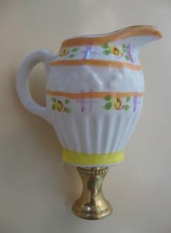 Lamp Finial:  Pink  and Yellow Pitcher. 2 1/2" tall overall
