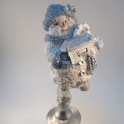 Lamp Finial Silver Blue White Snowman 3 7/8"
