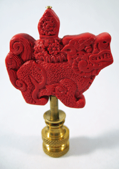 Finial: Red Cinnabar Temple Dog.   2  7/8 " overall